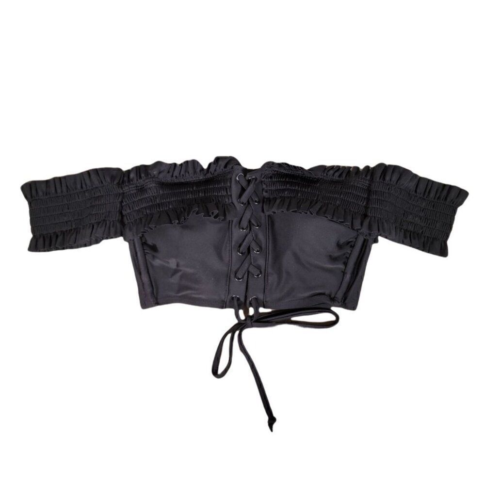 Xhilaration Juniors' Off-the-Shoulder Smocked Lace-Up Bikini Top Sz S